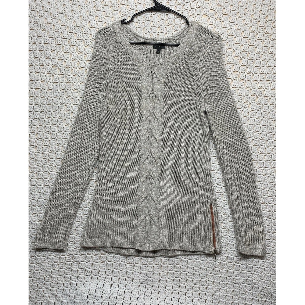 Talbots Sweater Women Sz S Gray/Beige Chunky Knit V-Neck Zipper Sides 100%Cotton
